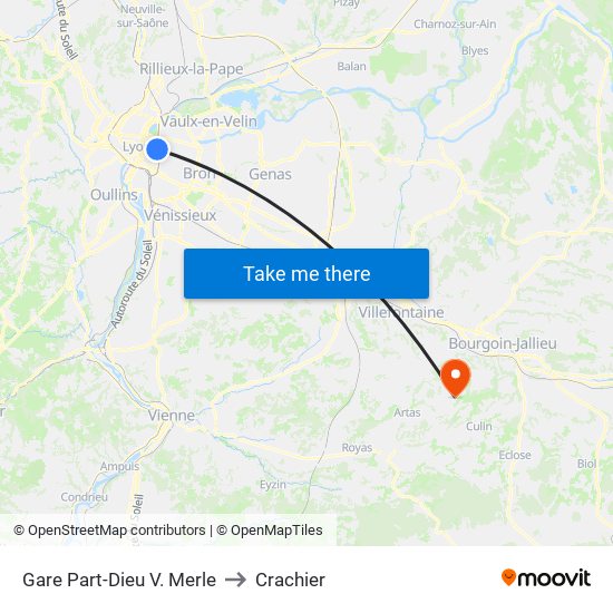 Gare Part-Dieu V. Merle to Crachier map