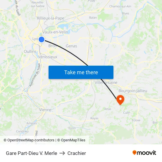 Gare Part-Dieu V. Merle to Crachier map