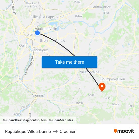 République Villeurbanne to Crachier map