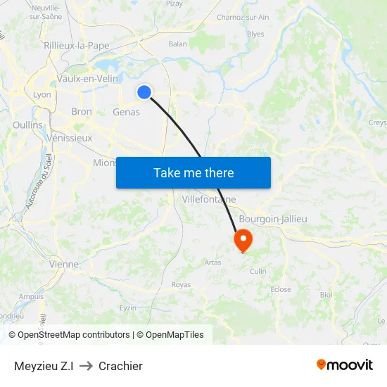 Meyzieu Z.I to Crachier map