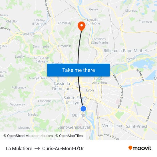La Mulatière to Curis-Au-Mont-D'Or map