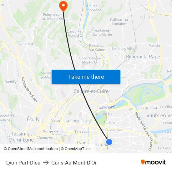 Lyon Part-Dieu to Curis-Au-Mont-D'Or map