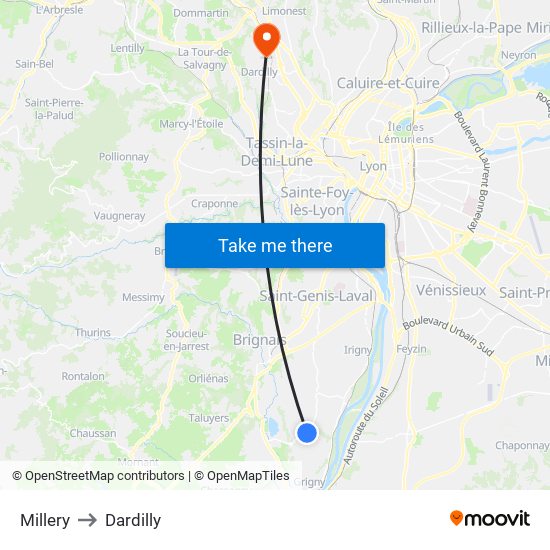 Millery to Dardilly map
