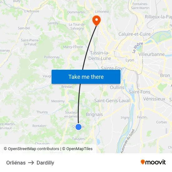 Orliénas to Dardilly map