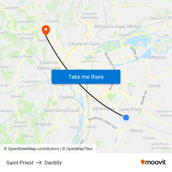 Saint-Priest to Dardilly map