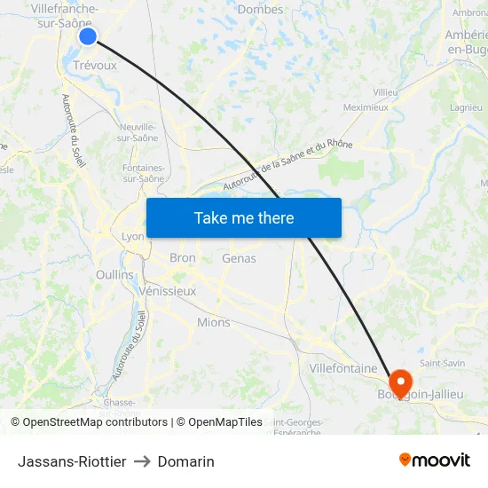 Jassans-Riottier to Domarin map