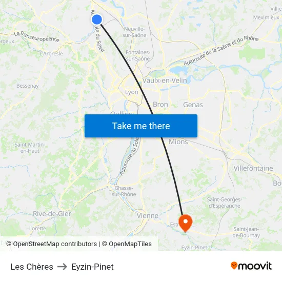 Les Chères to Eyzin-Pinet map