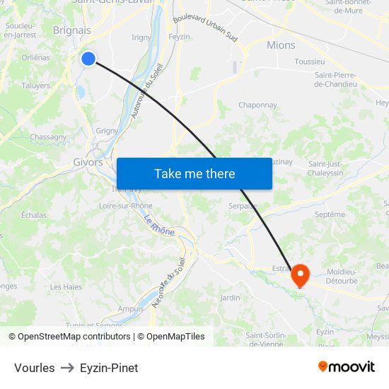 Vourles to Eyzin-Pinet map