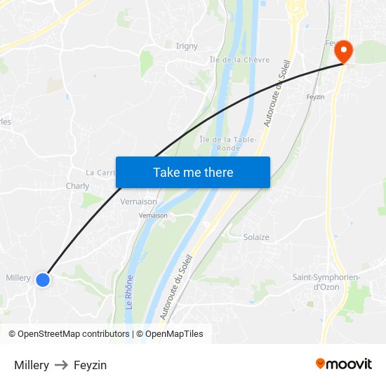 Millery to Feyzin map