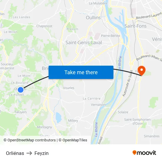 Orliénas to Feyzin map