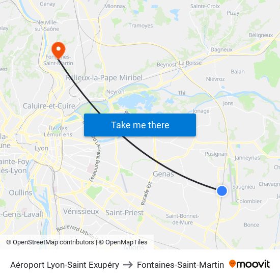 Aéroport Lyon-Saint Exupéry to Fontaines-Saint-Martin map