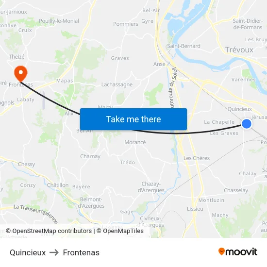 Quincieux to Frontenas map