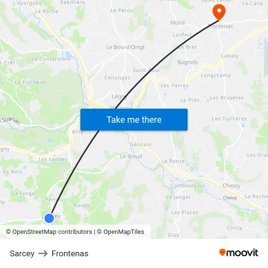 Sarcey to Frontenas map