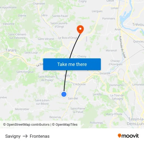 Savigny to Frontenas map