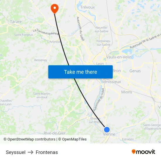 Seyssuel to Frontenas map