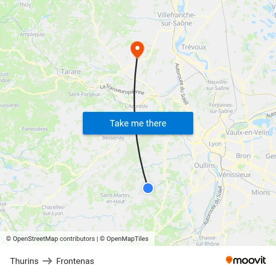Thurins to Frontenas map