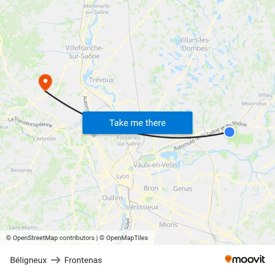 Béligneux to Frontenas map
