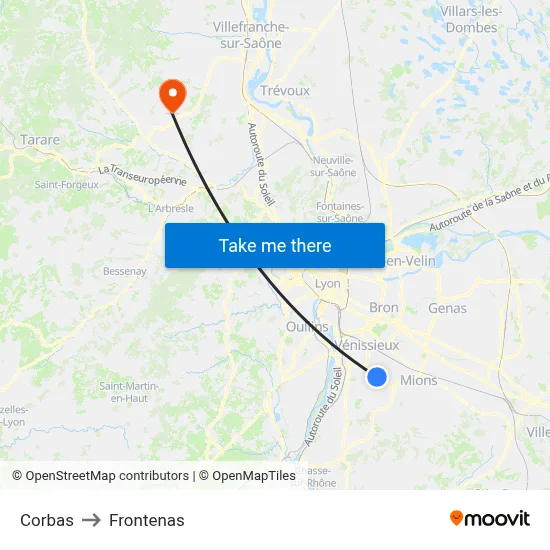 Corbas to Frontenas map