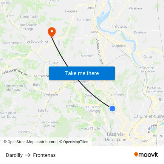 Dardilly to Frontenas map