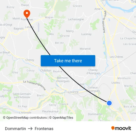 Dommartin to Frontenas map