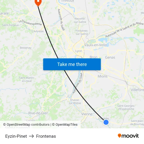Eyzin-Pinet to Frontenas map