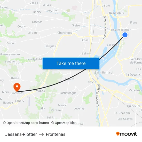 Jassans-Riottier to Frontenas map
