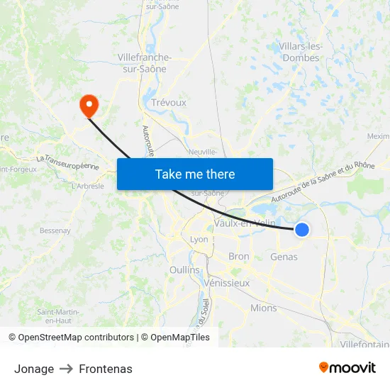 Jonage to Frontenas map
