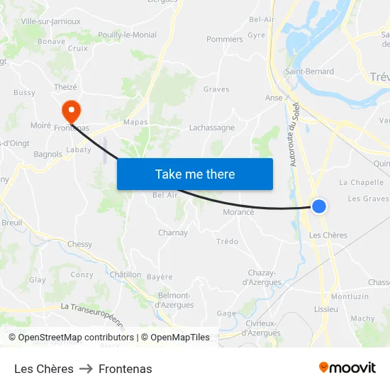 Les Chères to Frontenas map