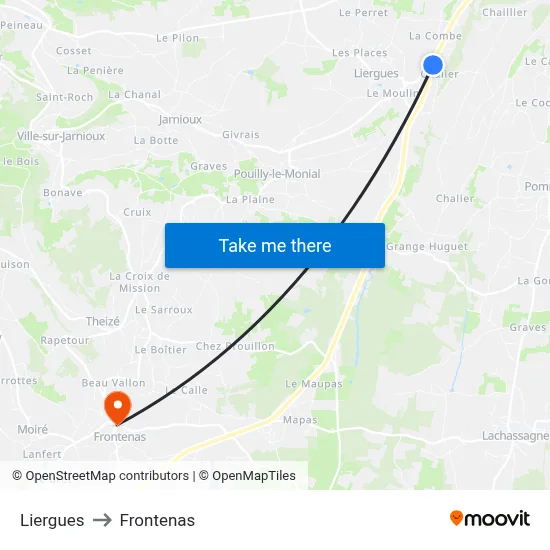 Liergues to Frontenas map