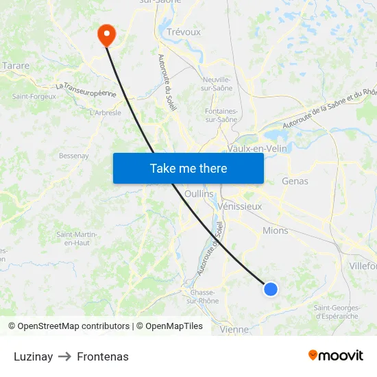 Luzinay to Frontenas map