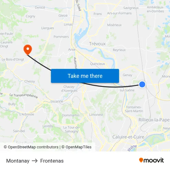 Montanay to Frontenas map