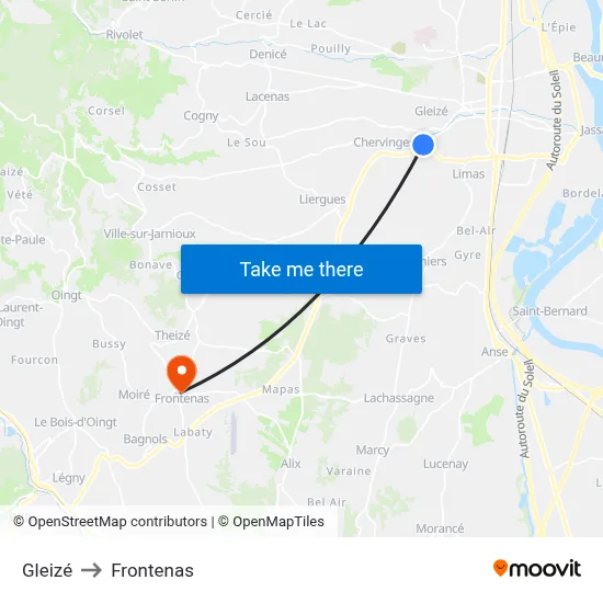 Gleizé to Frontenas map