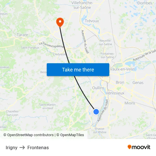 Irigny to Frontenas map