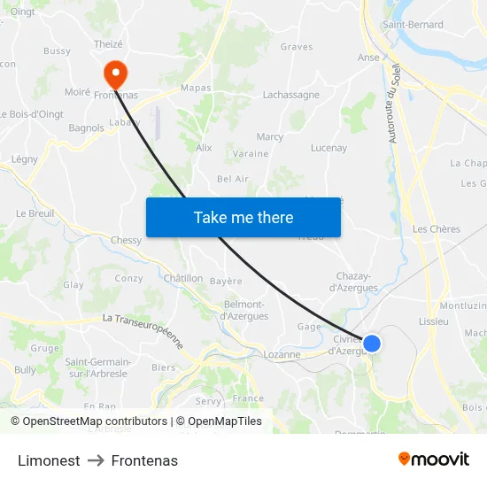 Limonest to Frontenas map