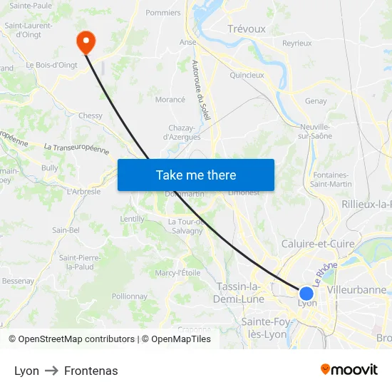 Lyon to Frontenas map