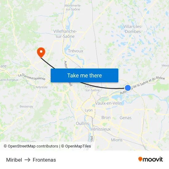 Miribel to Frontenas map
