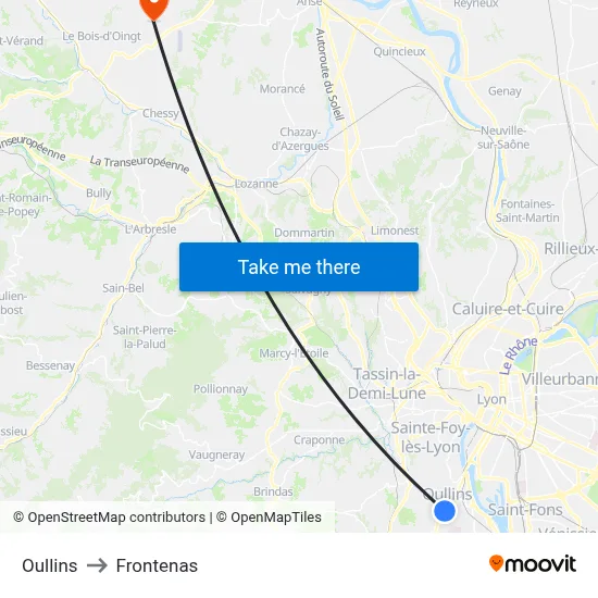 Oullins to Frontenas map