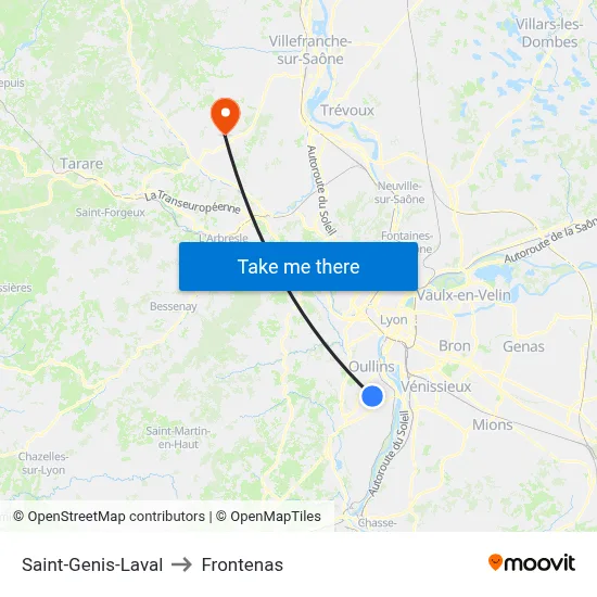 Saint-Genis-Laval to Frontenas map