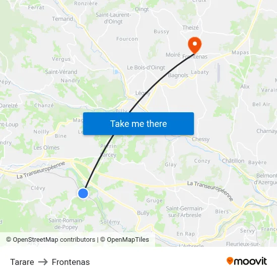 Tarare to Frontenas map