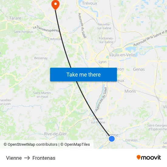 Vienne to Frontenas map