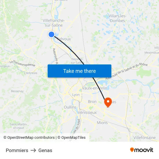 Pommiers to Genas map