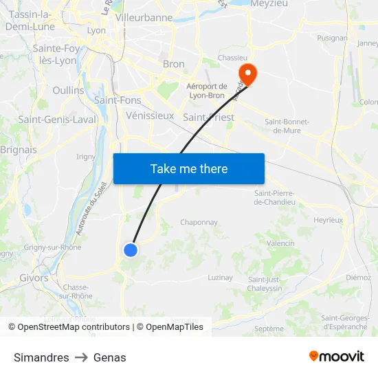 Simandres to Genas map