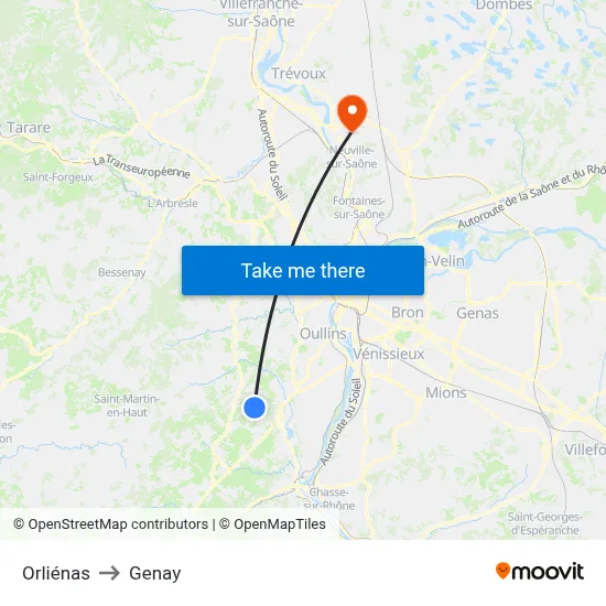 Orliénas to Genay map