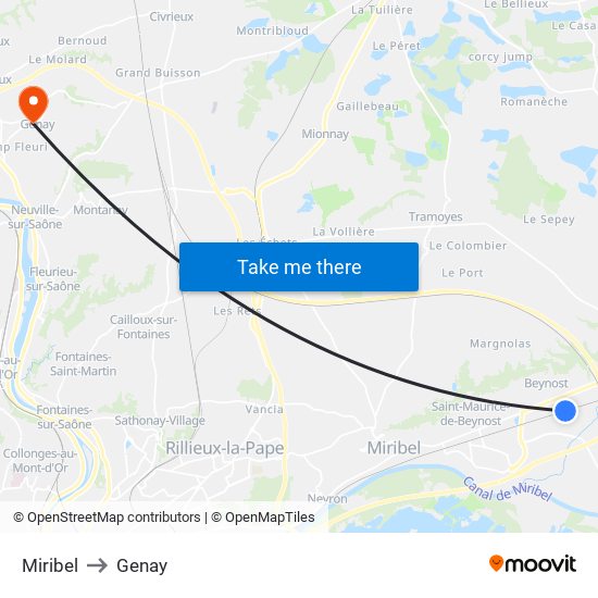 Miribel to Genay map