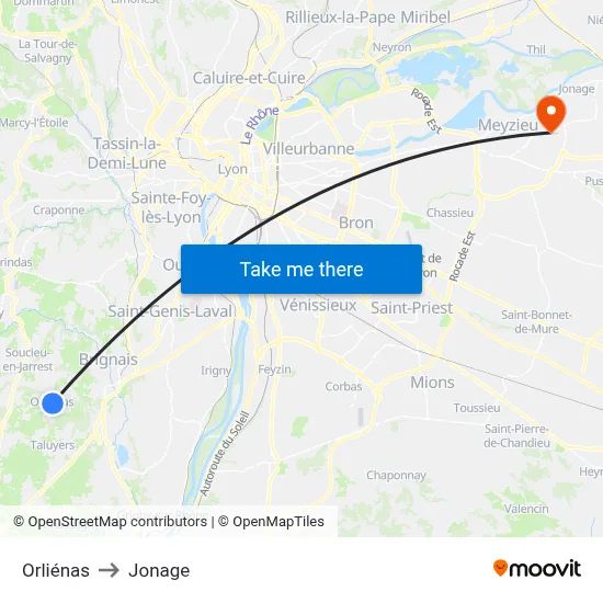Orliénas to Jonage map