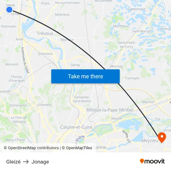 Gleizé to Jonage map