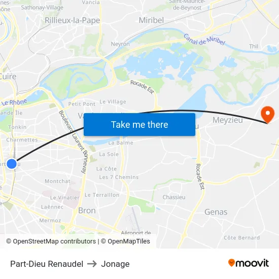 Part-Dieu Renaudel to Jonage map