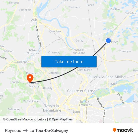 Reyrieux to La Tour-De-Salvagny map