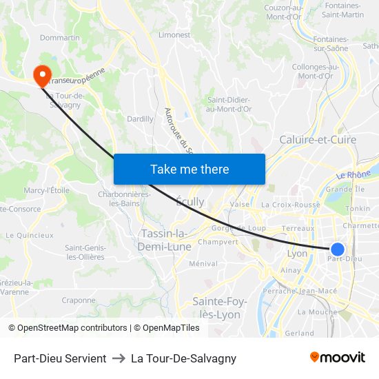 Part-Dieu Servient to La Tour-De-Salvagny map