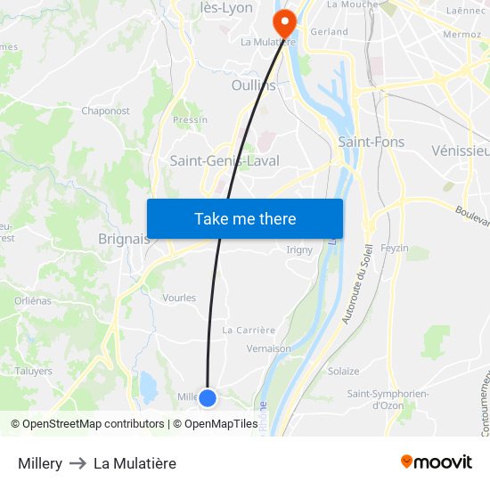 Millery to La Mulatière map